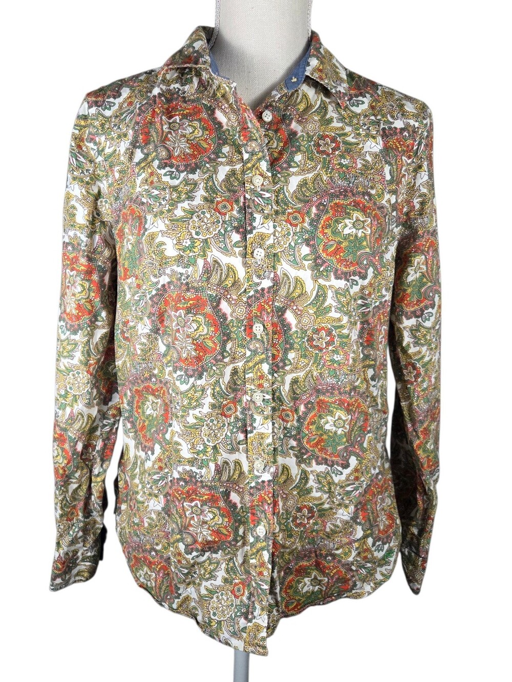 Talbots Petite Paisley Button Up Shirt Women 12P White/Green/Orange -Long Sleeve